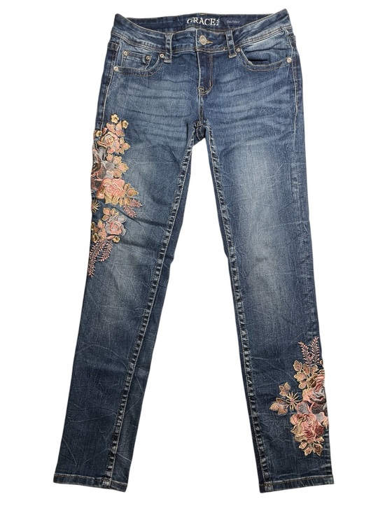 Grace in LA Denim - Grace in LA skinny jeans w/ pink and peach floral embroidery pattern. Size 28